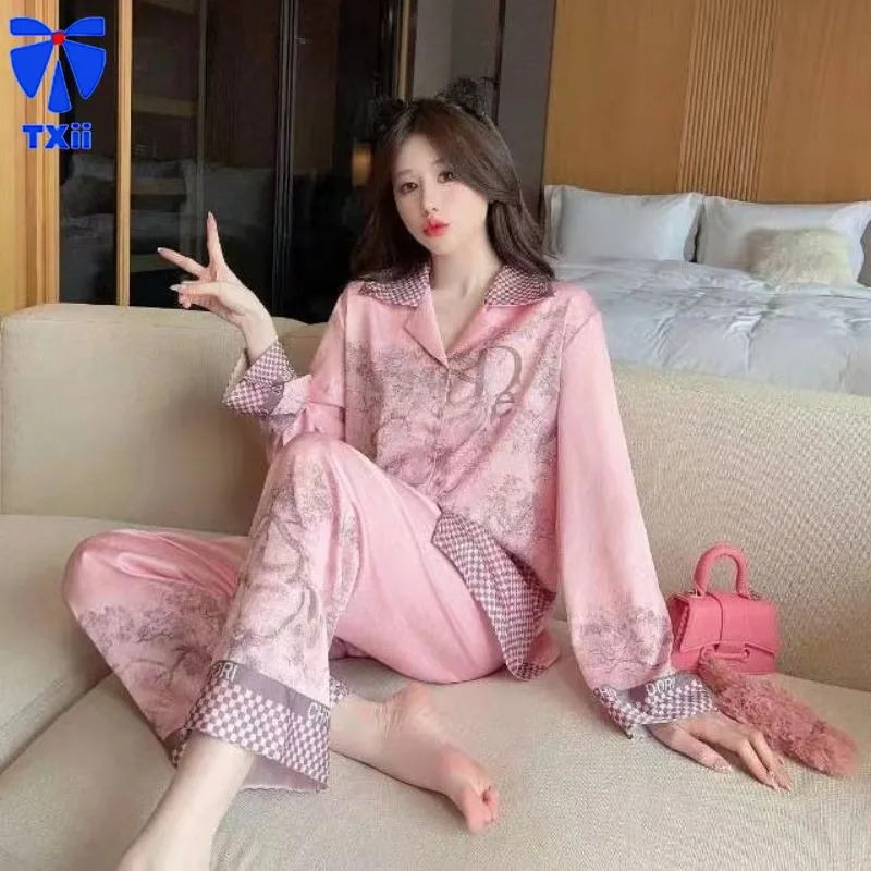 Ink Painting Pajamas Women\'s Spring Autumn 2024 New Ice Silk Long Sleeve Trousers Internet Popular Wind Autumn Home Clothes suit