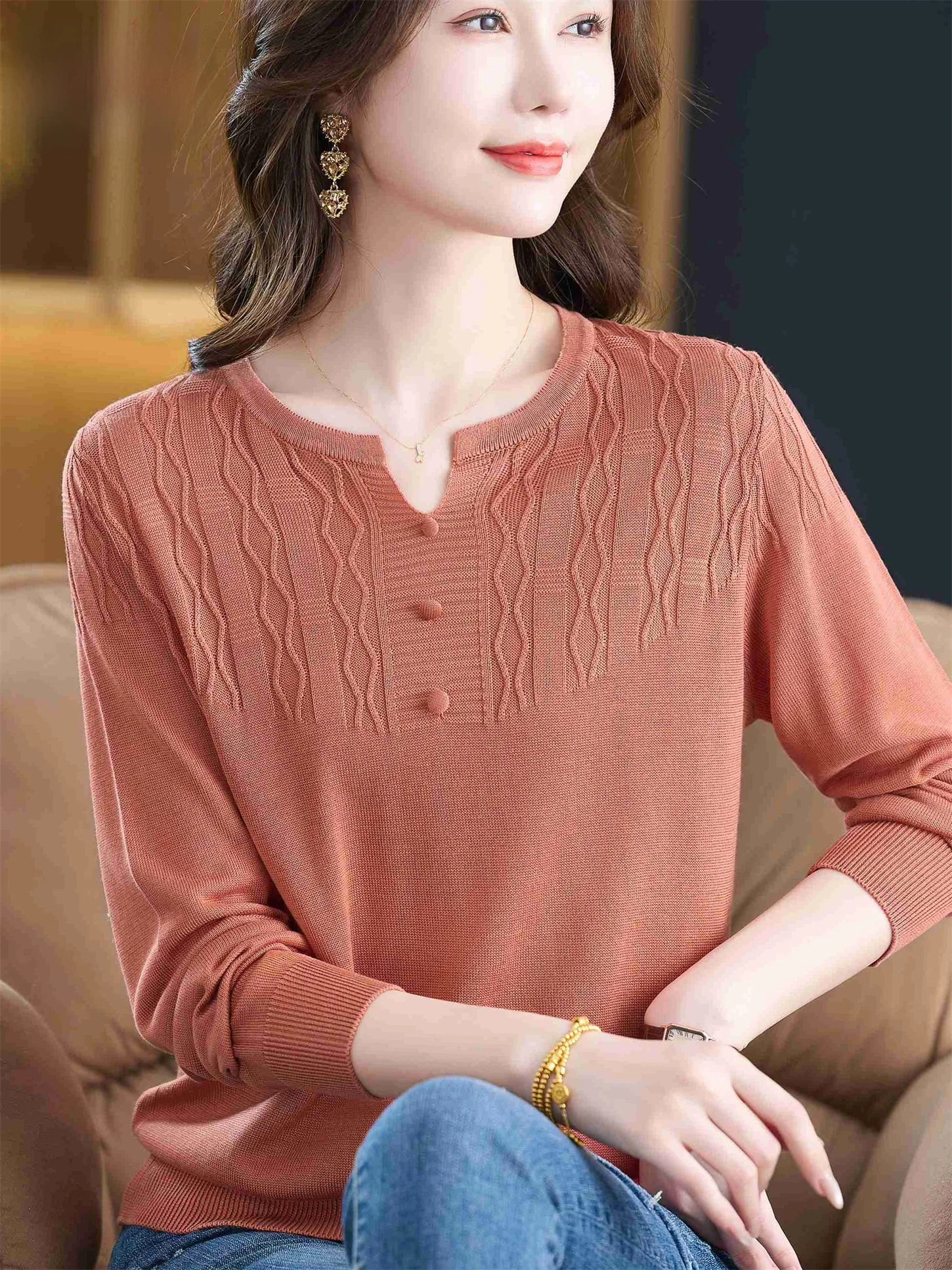 

Свободная трикотажная шерстяная футболка, круглый тонкий модный топ для женщин среднего возраста, весна-осень, новая повседневная одежда