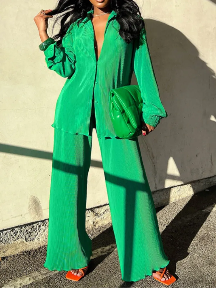 Fashion Pleated Women's Set Long Sleeve Oversized Shirt And Wide Leg Pants 2023 Elegant Tracksuit Two 2 Piece Set Outfits