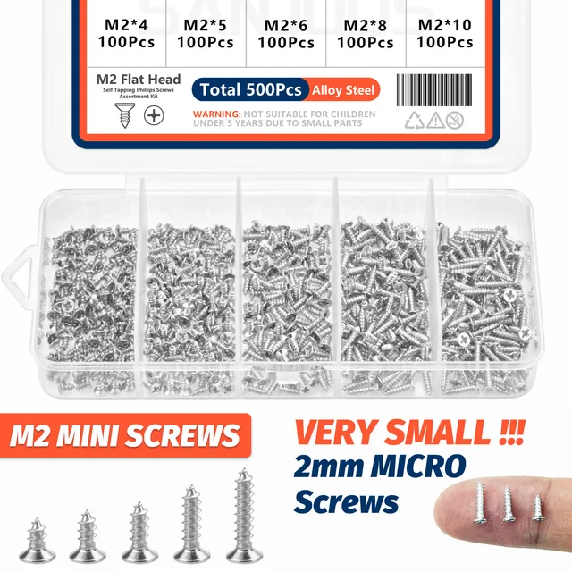 500 szt. Mini Śrubek Samogwintujących M2 z Łbem Płaskim Phillips, Zestaw ze Stali Stopowej, 5 Rozmiarów, Krzyżowe, Zestaw DIY do Elektroniki