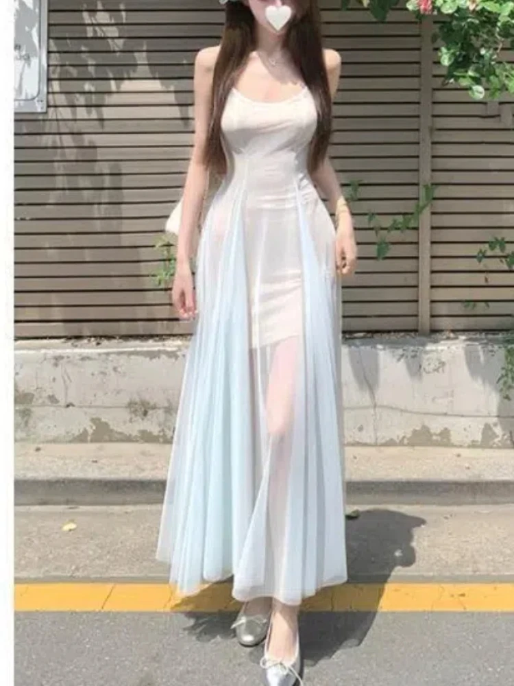 

2024 летнее элегантное Кружевное платье миди, женское повседневное пляжное вечернее платье на бретелях без рукавов, цельное платье, корейское модное шикарное платье