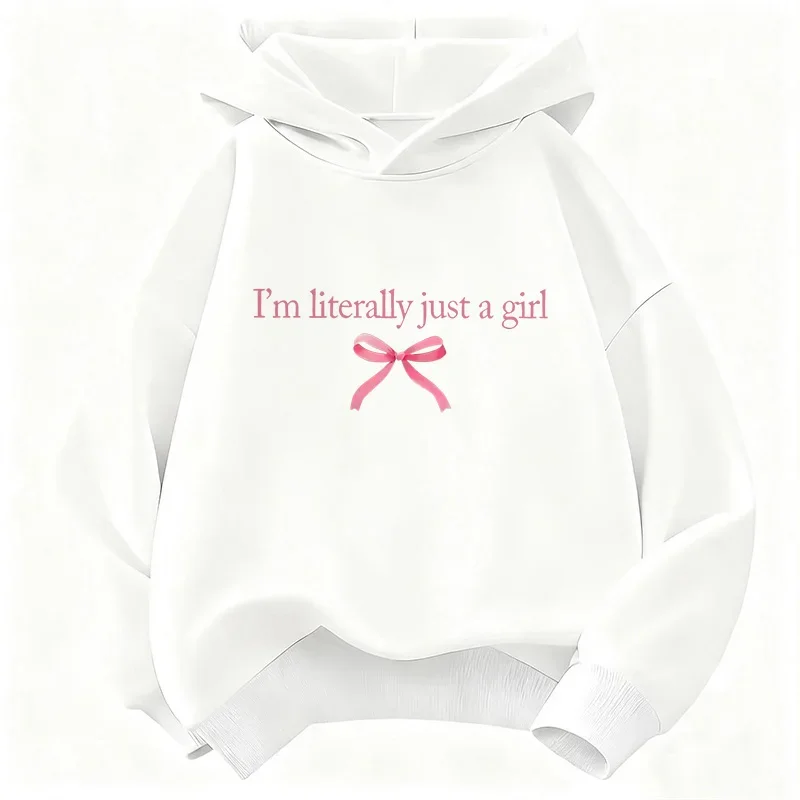 【I'm Literally Just A Girl.】 Children's Bowknot Letter Print Autumn Sports and Casual Fashion Hooded Shirt Girl's Hoodie