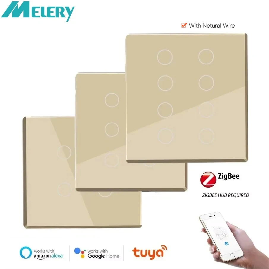 

Melery Zigbee Tuya Brazil Smart Light Switch Gold Repeater 4x4 Сенсорная сенсорная панель 4/6/8 Gang Пульт дистанционного управления через приложение Alexa Google Home