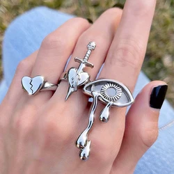 Punk Heart Ring Set for Women Sword Teary Eyes Gothic Vintage Plated Retro Rhinestone Bohemia Finger Jewelry 2022 New Trendy