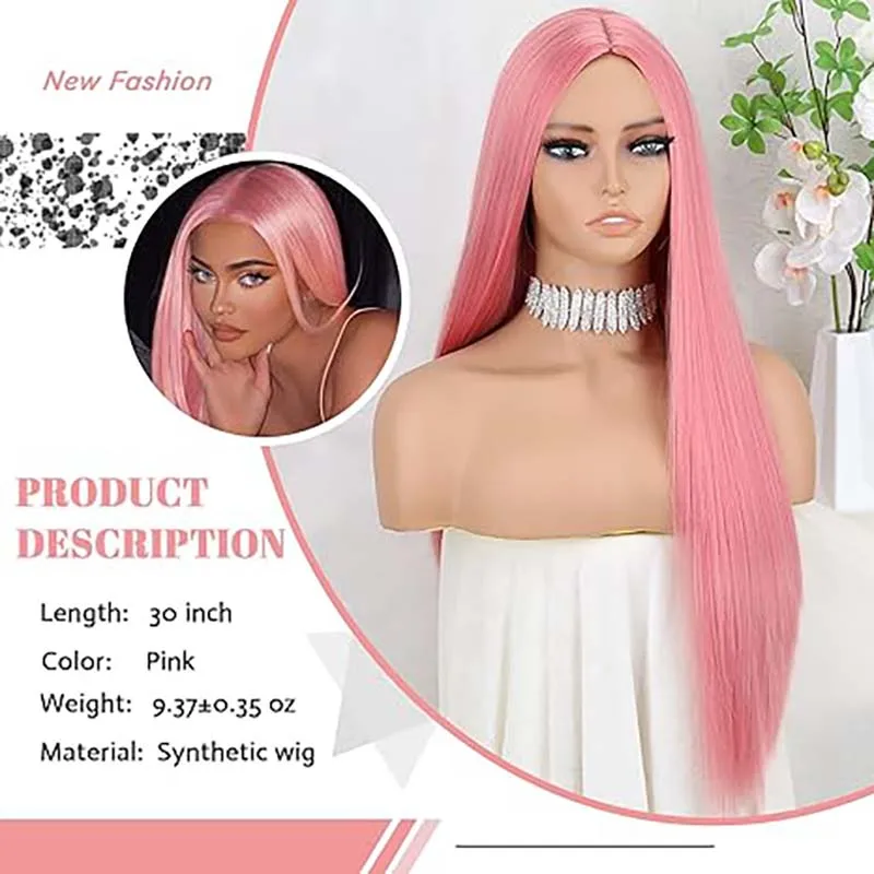 Synthetic Pink Wig for Women Long Pink Wig Straight Pink Wig Natural Looking for Cosplay