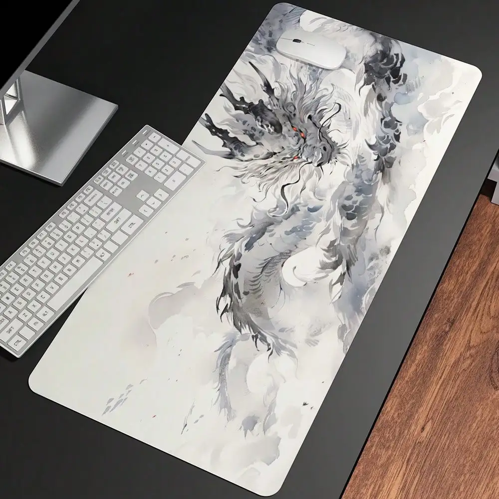 

Oversized white dragon mouse pad, computer game accessory, office desk pad, artistic keyboard pad, rubber anti-slip, washable