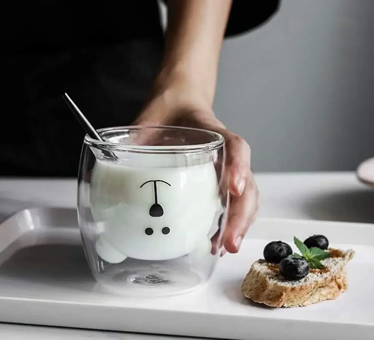 Tasse à café Double couche ours mignon créatif, tasse en verre Double Carton Animal verre à lait dame mignon chat canard chien cadeau de noël