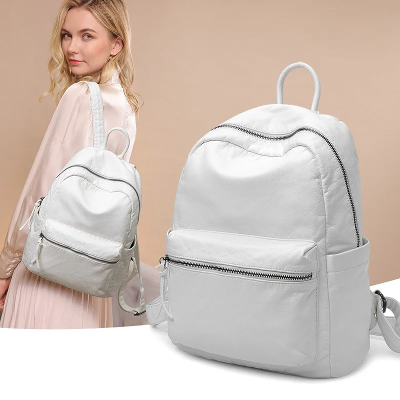 

Soft Leather Backpack for Women New Washed Leather Fashion Women's Bag Pack Casual White Large Capacity Travel Backpack