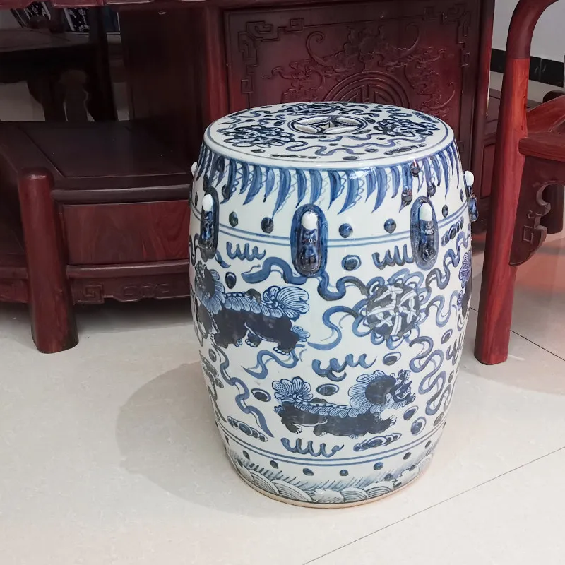 Blue Hand-painted Jingdezhen Ceramic and White Lion Hydrangea Porcelain Stool Drum Stool B&W Garden Stool