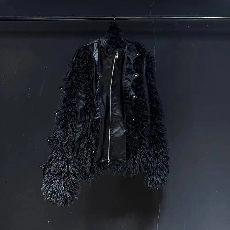 Faux Fur Patchwork Men's Jacket Fashionable Long Plush Stand Collar Personality High Street Coats Niche Menswear CJ60