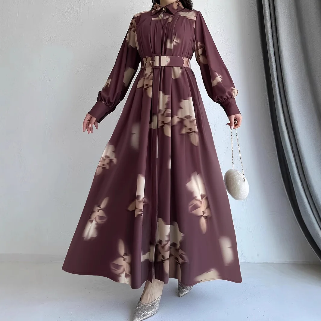 여성을위한 이슬람 abayas 벨트와 턴 다운 칼라 봄 여름 eveing ​​파티 야외 긴 소매 드레스 우아한 사우디 의류