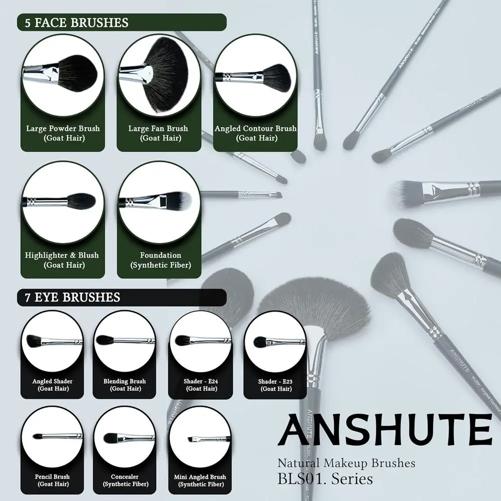 Set di 12 Pennelli per Trucco in Pelo di Capra Naturale con Organizer da Viaggio - 5 Pennelli per Viso e 7 Pennelli per Occhi