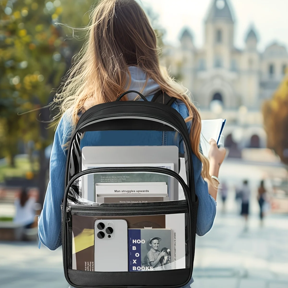 Zaino trasparente resistente per la scuola: spallacci leggeri e regolabili, chiusura con cerniera, stampa bagagli in cartone animato, per