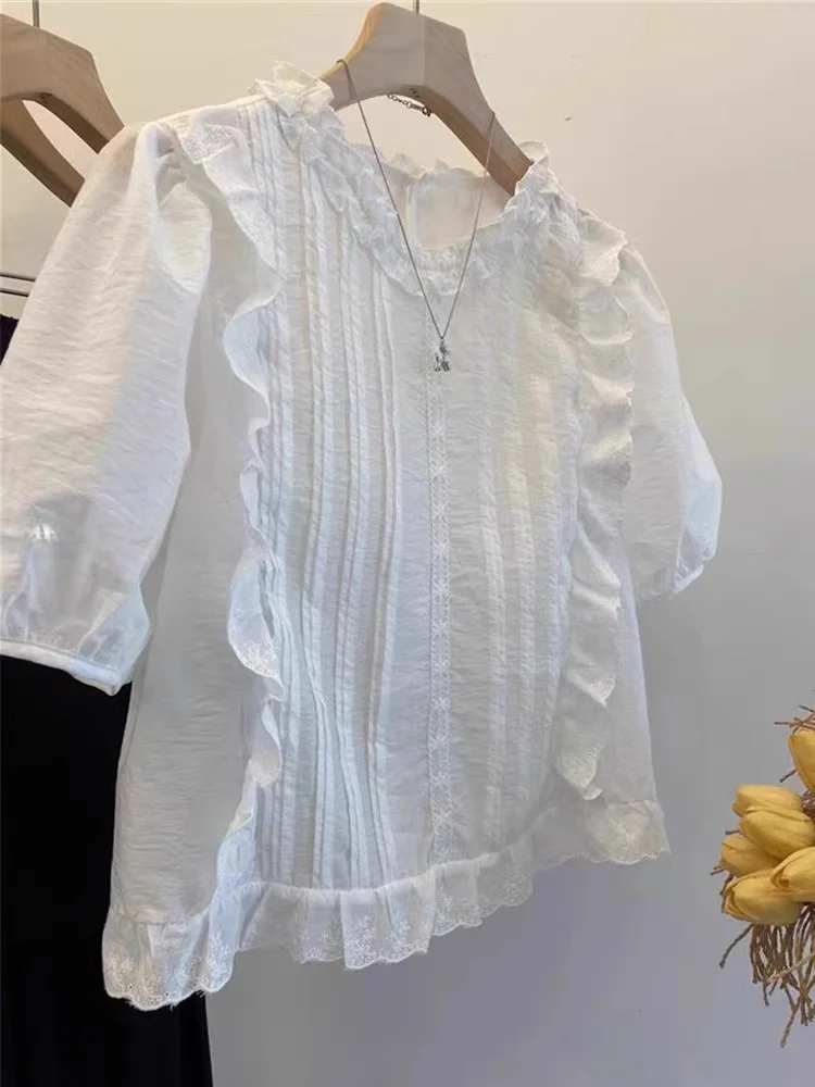 

Loose round Ne ort Sve irt Women's Summer Casual Faion Earlobe Design Korean Sle Top Comfortable Breathable