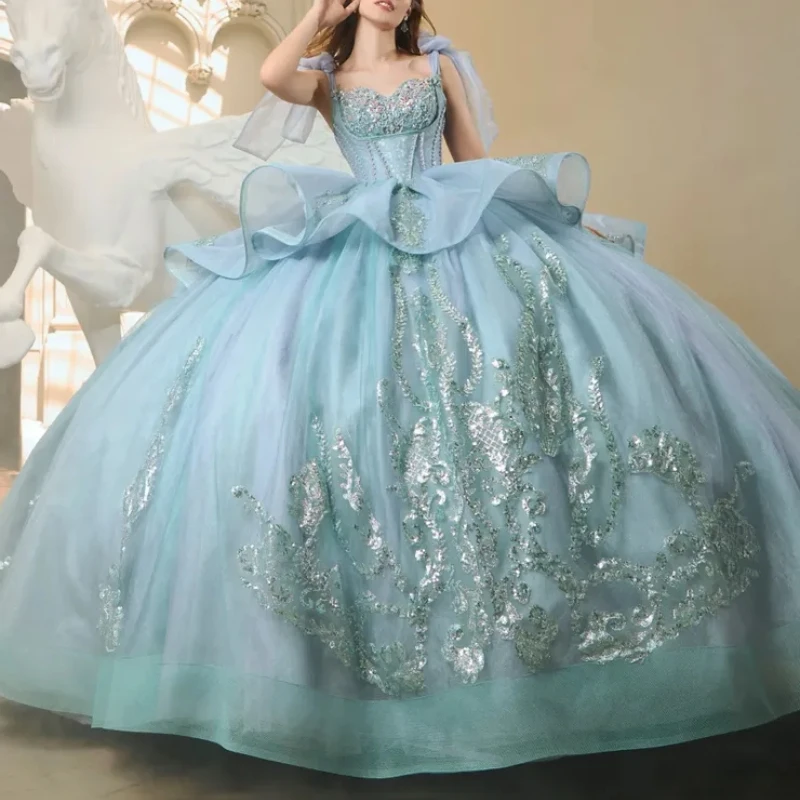 

Роскошные небесно-голубые мексиканские платья Quinceanera с блестками и аппликацией, кружевные бусины, хрустальный тюлевой корсет на шнуровке, милое платье 16, 15 де