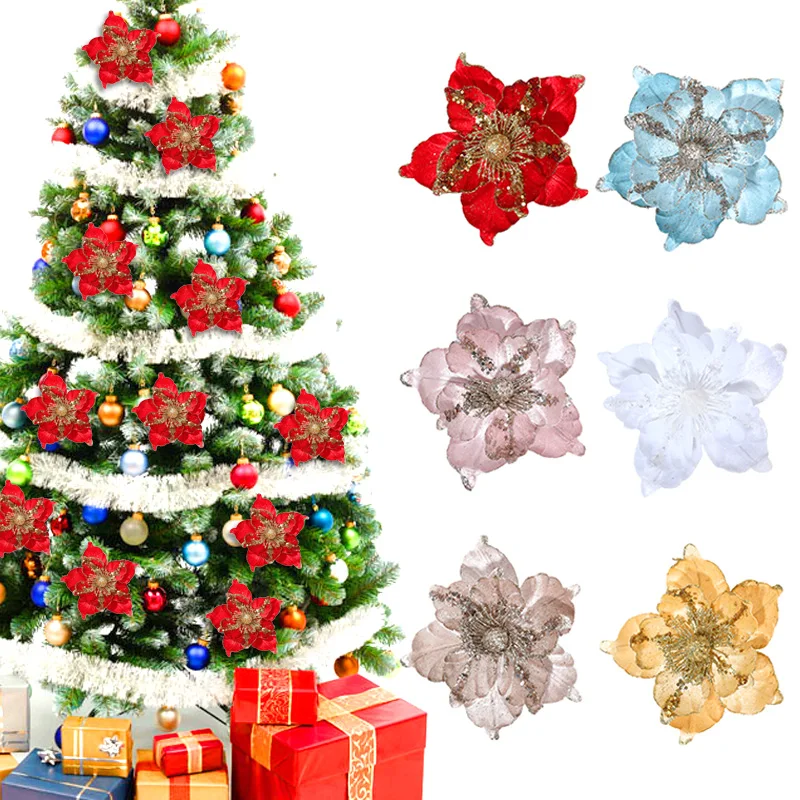 New Artificial Glitter Christmas Flowers Xmas Tree Hanging Ornaments Fake Flowers Ornaments New Year Decorations Gifts