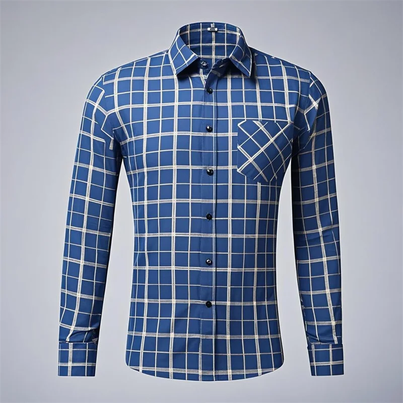 

Men's comfortable long sleeve shirt 8 colors plaid lapel spring autumn party work wear print clothes plus size fast shipping