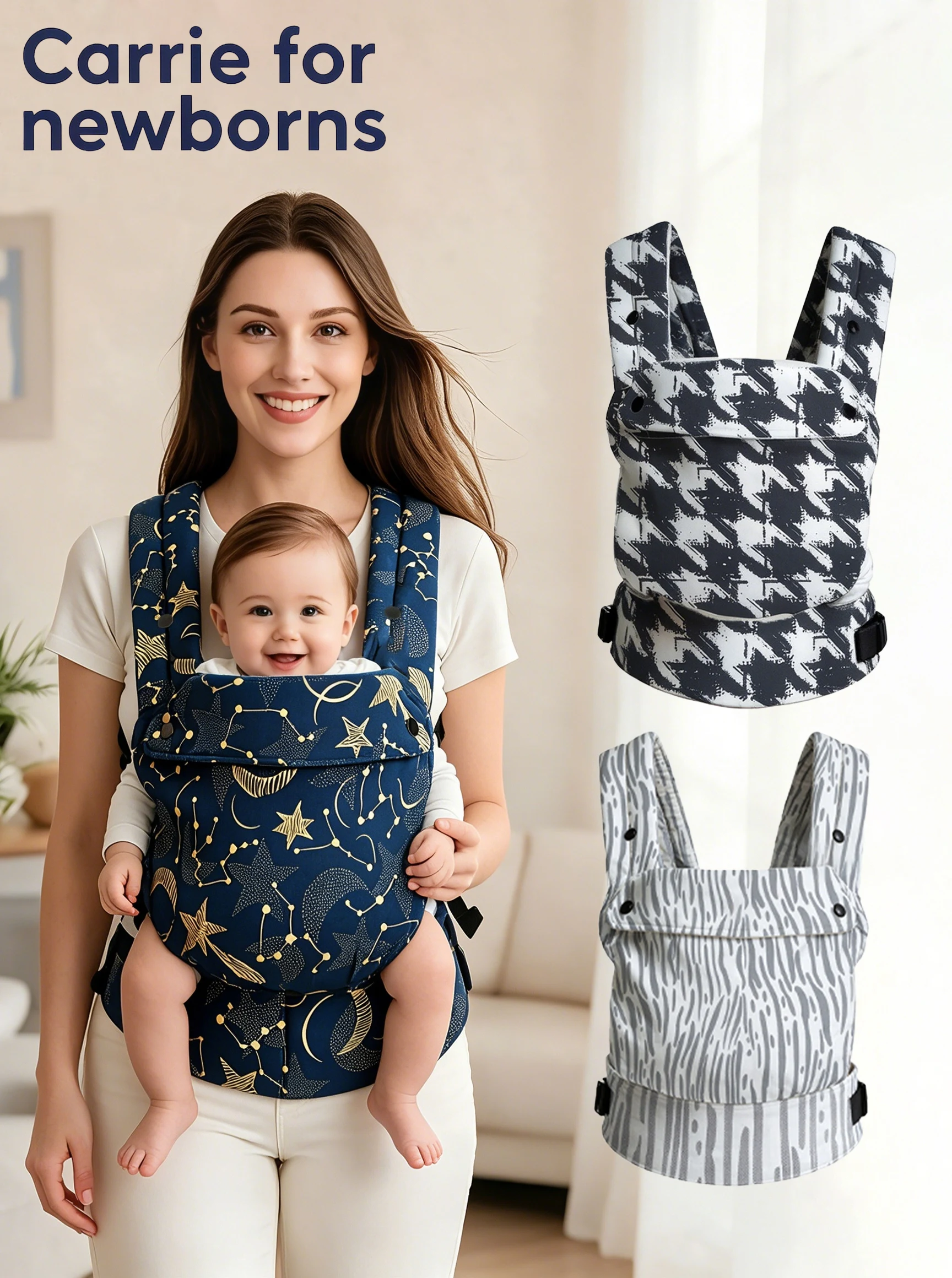 Printed Ergonomic Baby Carrier, Adjustable Shoulder Straps, Hands-Free Baby Sling, Lightweight and Breathable Baby Carrier, Suitable for Newborns to Toddlers, for Outdoor Use in All Seasons, Ideal Newborn Gift for New Moms