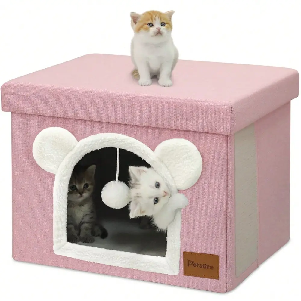 

Dog House Dog Kennel OutdoorCovered Cat Bed For Indoor Cats Extra Wide Cat Cube House With Hanging Furry Ball Ching Pad, Foldabl