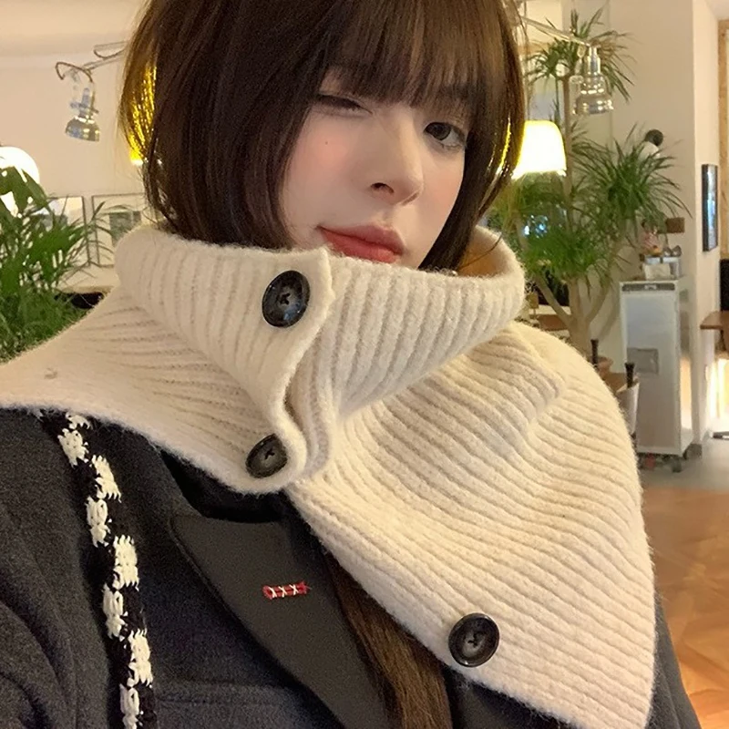 Winter Thicken Neck Warmer Cashmere Knitted Scarves Soft Pashmina Shawls Wraps Detachable Collar Female Retro Button Scarf