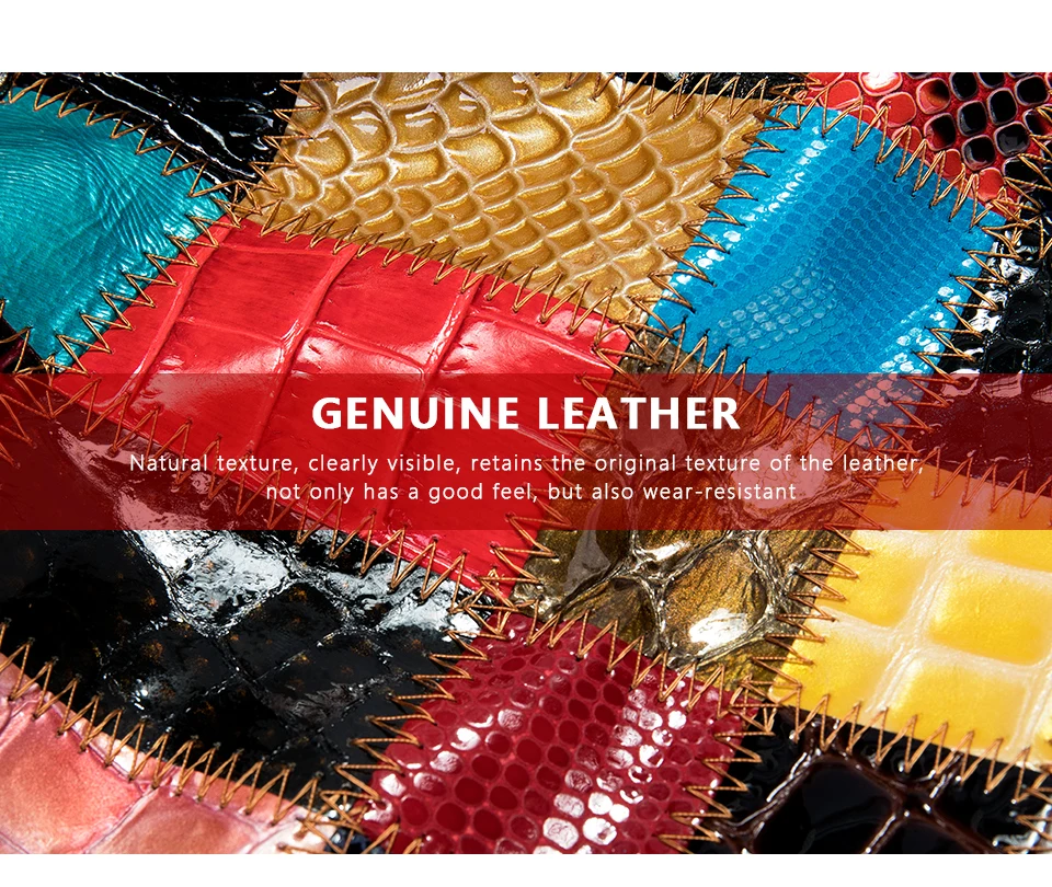 Mitmevärvilised lehmanahast rahakotid, millel on esemekude kombineeritud erinevates toonides ja tekstuurides nagu punane, sinine, kuldne ja must, pannes rõhku naturaalsetele materjalidele ja käsitööle. Taustal on lähivõte mitmevärvilistest nahaosadest, mis on oskuslikult kokku õmmeldud.