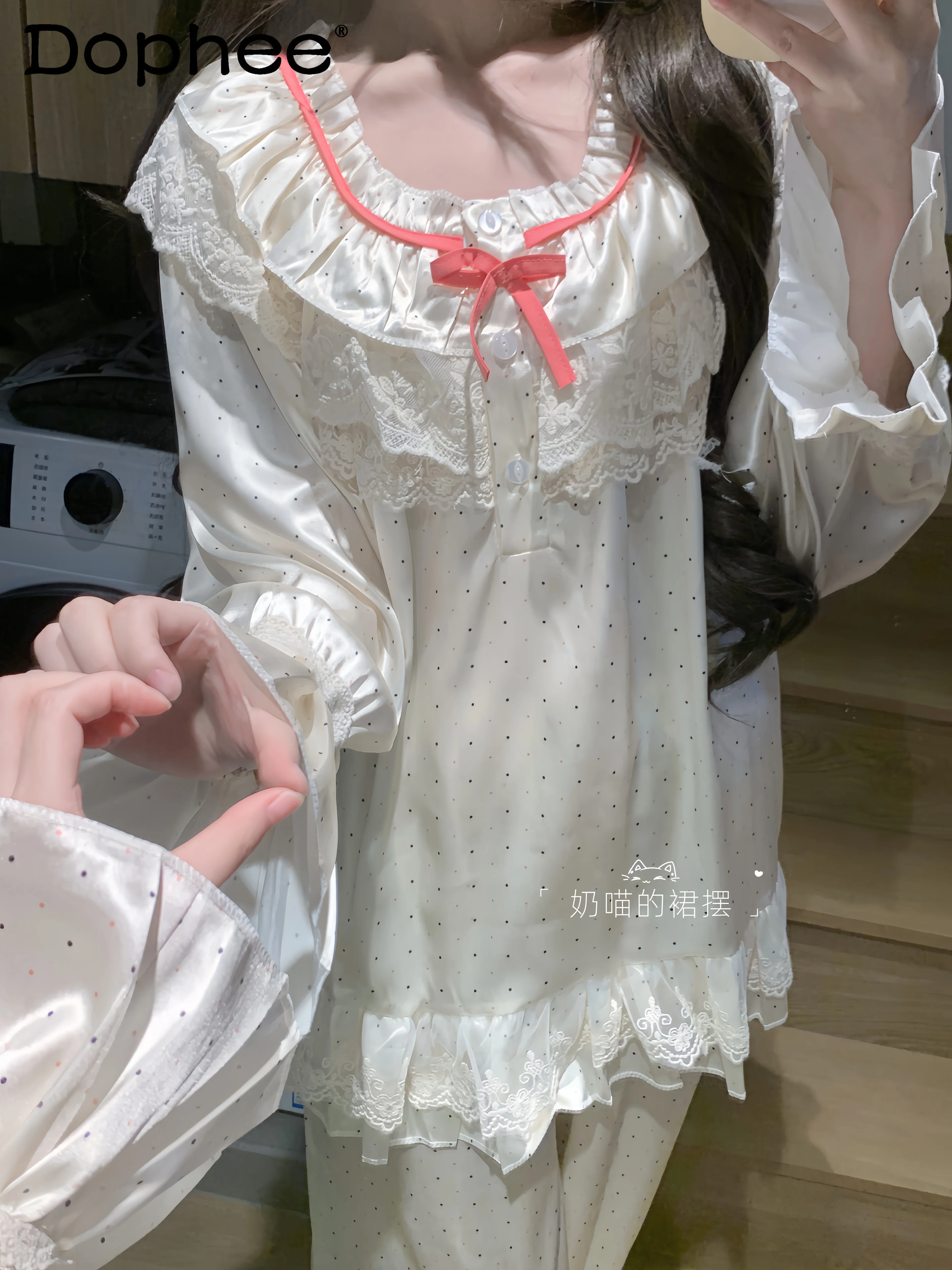 

Japanese Style Ins Cute Girl Pajamas Autumn Polka Dot Ice Silk Sweet Style Doll Collar Long Sleeve Loose Casual Homewear Set