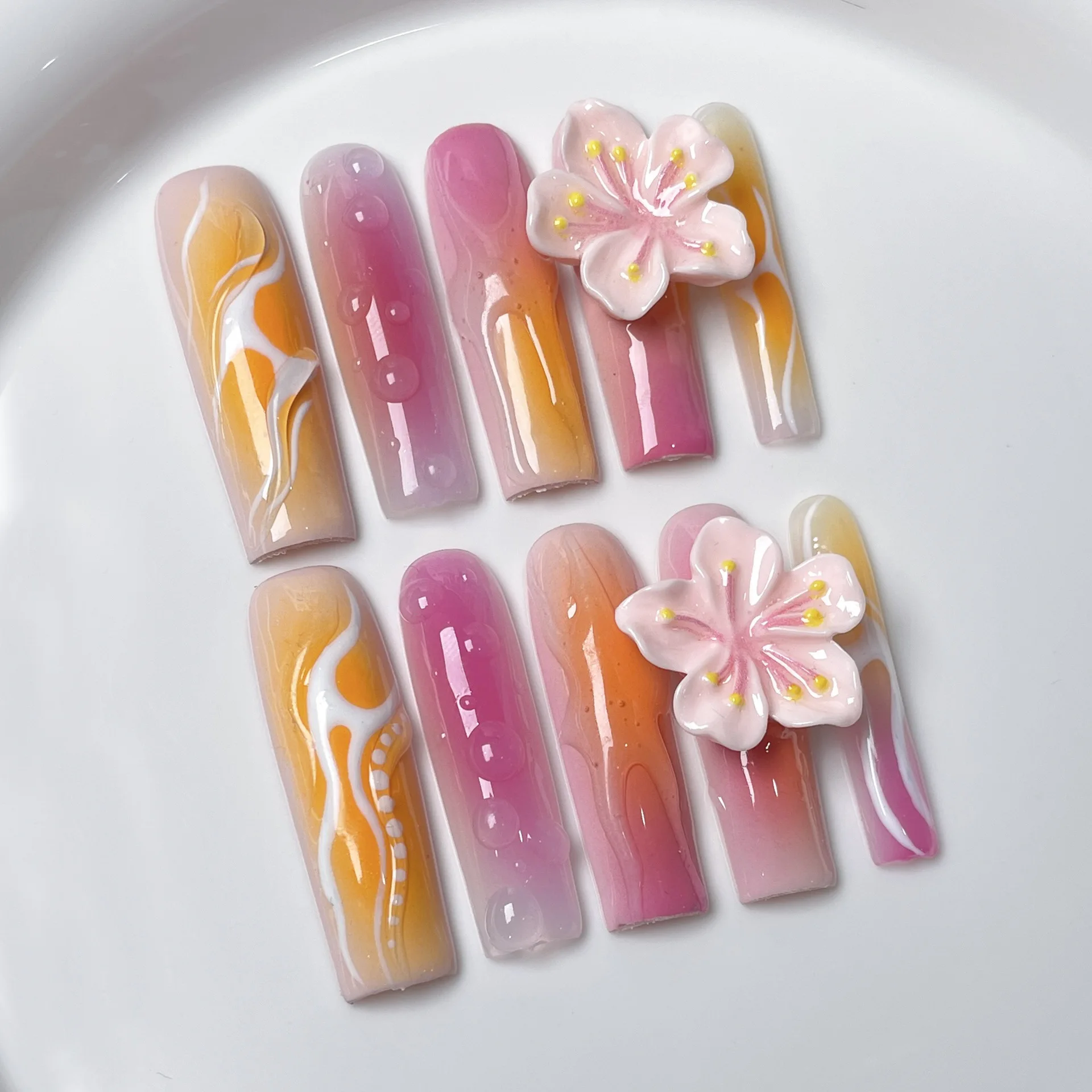 10 Uds. De uñas postizas hechas a mano de color rosa, ataúd largo naranja, uñas postizas usables con decoración de flores 3D, prensa en uñas francesas