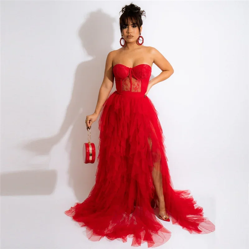 Sexy Tulle Cascading Ruffles Evening Long Dresses for Women Elegant Off Shoulder Strapless Croset Lace Maxi Dress Ball Gown