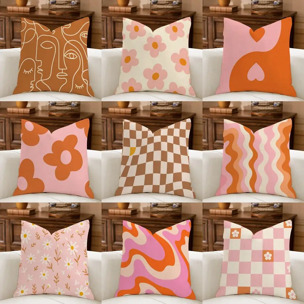 Funky Orange Pink art Cushion Cover Natural Breathable Durable Linen Printed Decor Pillow Case Sofa Bedroom
