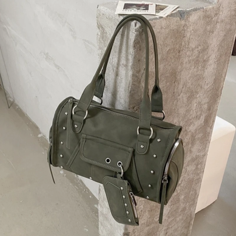 Rivet PU Leather Thread Women Shoulder Bags Retro Design Daily Female Casual Tote Bag Simple Ladies Handle Clutch Purse Handbags
