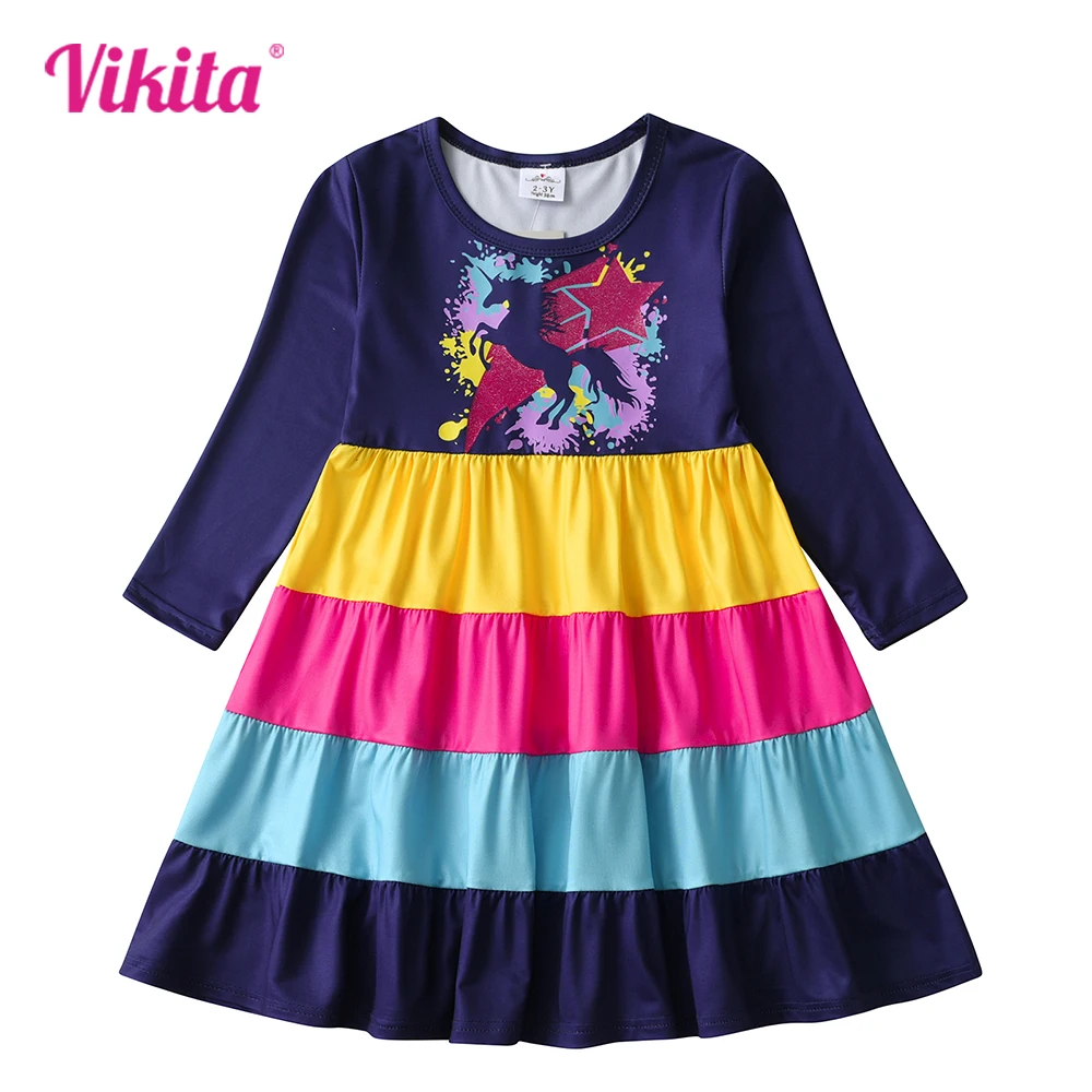 VIKITA Girl Long Sleeve Autumn Spring Vestidos Kids Licorne Cartoon Dresses Girls Colorful Rainbow Striped Polyester Dress 3-12Y