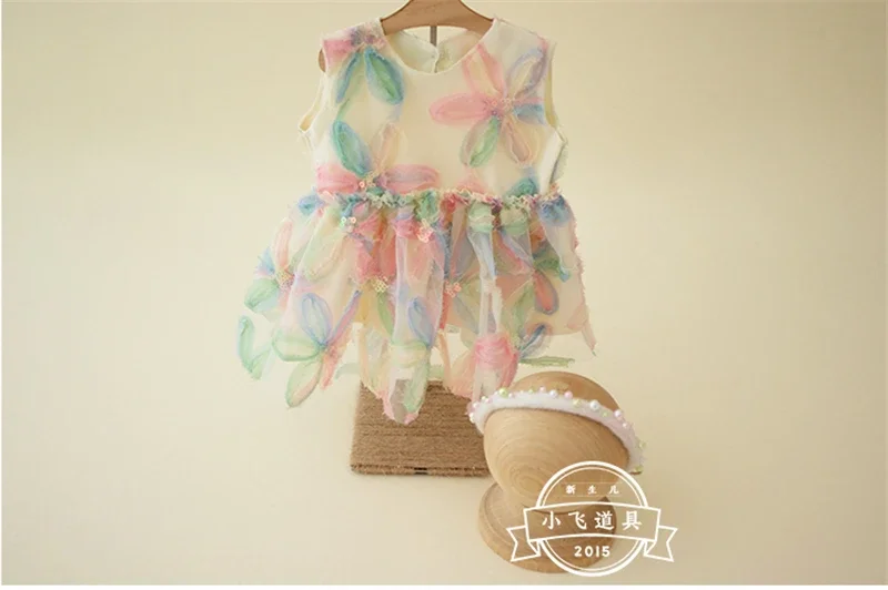 Newborn Baby Girls Photography Props Summer Rainbow Colorful Florals Dress with Headband 2pcs Set for Studio Photo Shoot