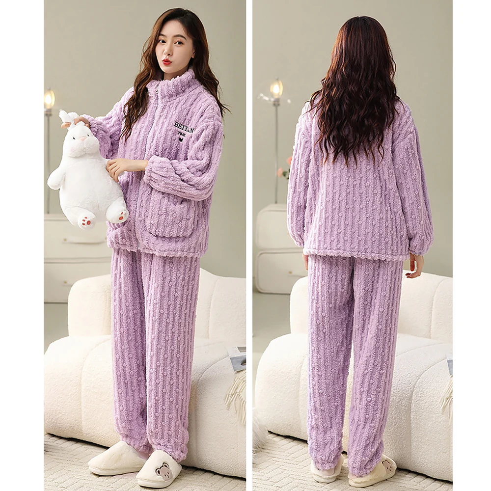 M-5XL Big Size Women\'s Pajamas Set Jacquard Winter Super Thicken Double-side Flannel Warm Sleepwear   Smooth Zipper Pijama Mujer