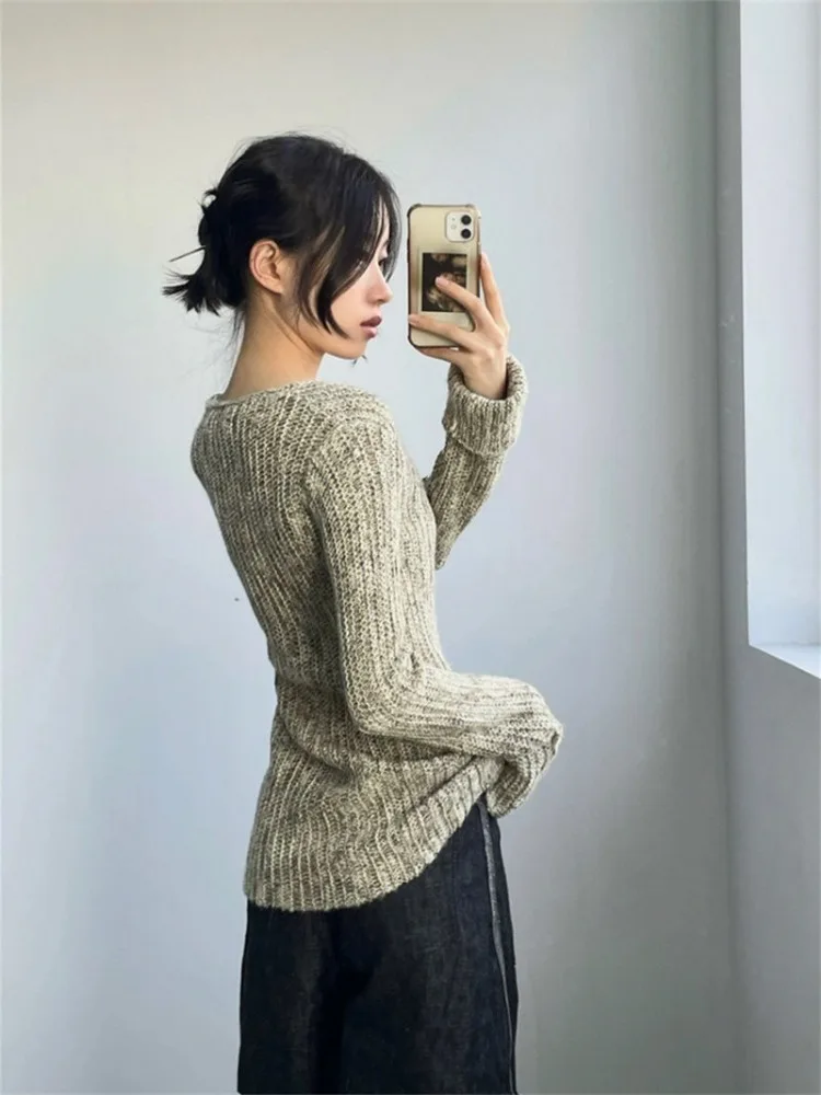 Korean Fashion Slim Women Sweaters Long Sleeve 2024 Spring Y2k Aesthetic Sueter Mujer Split All Match Casual Hollow Out Pullover