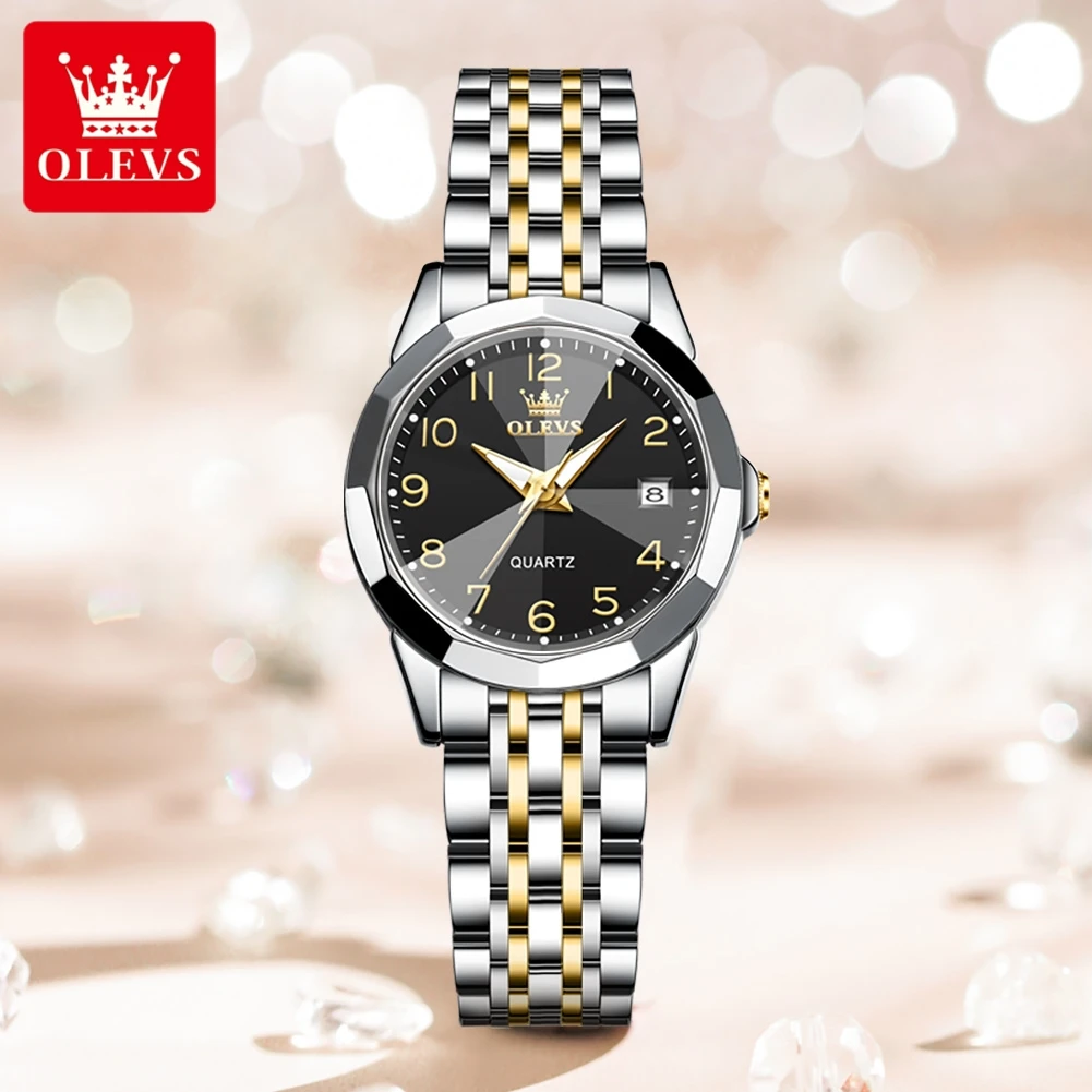 OLEVS 9970 Original Luxury Quartz Watch for Women Rhombus Mirror Digital Dial Calendar Stainless Steel Waterproof Wrist Watches