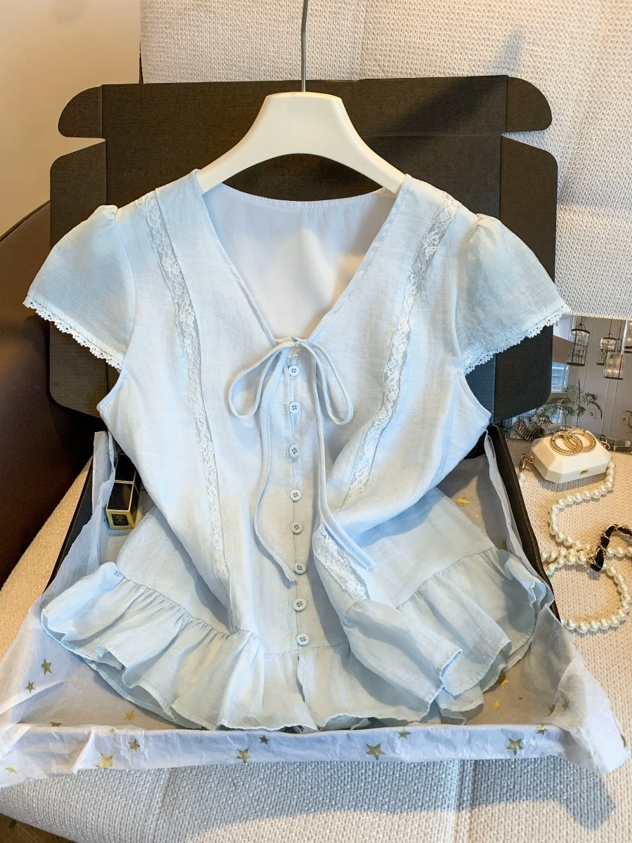 

Blue Lace Trim Splice Shirt Women's Summer New Sweet Fashionable Gauze Tie Head V-neck Top Skin-friendly Breathable