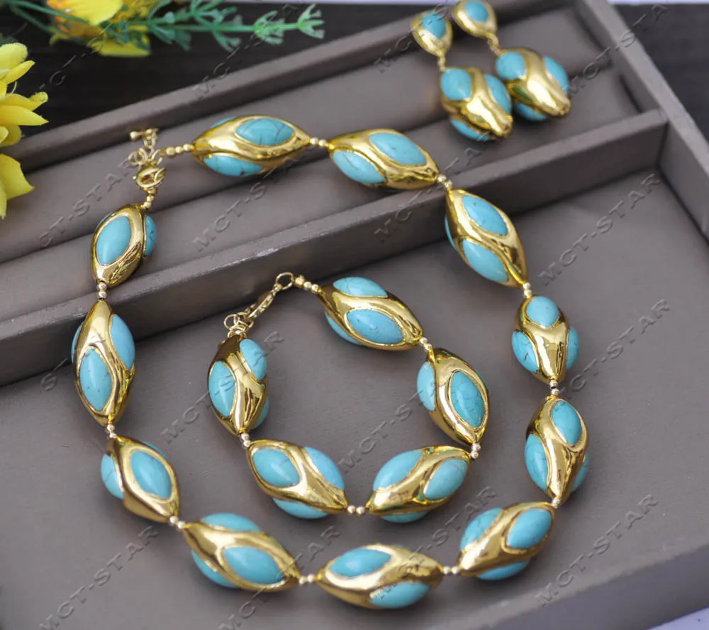 

Z13339 Set 33mm Blue Gold Plated Turquoise Spindle Necklace Bracelet Earring Custom Jewelry