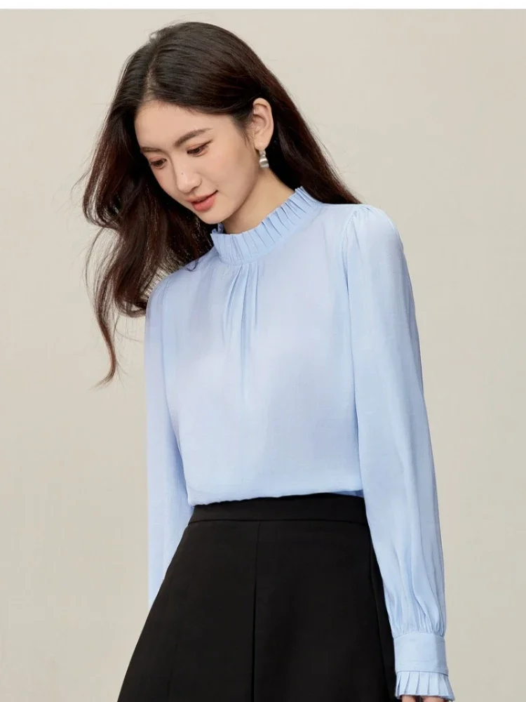 SENTUBILA 여성용 쉬폰 블라우스 2025 가을 신상 퍼프 슬리브 스탠드 칼라 여성 출근용 우아한 탑 루즈 풀오버 153CA2413