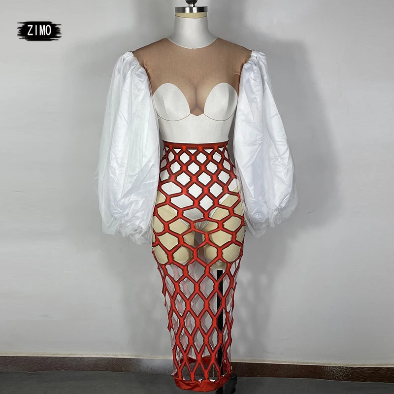 

white lantern sleeve dress Patchwork cut out See Through sexy nightclub celebrity birthday Party singer stage drag queen costume