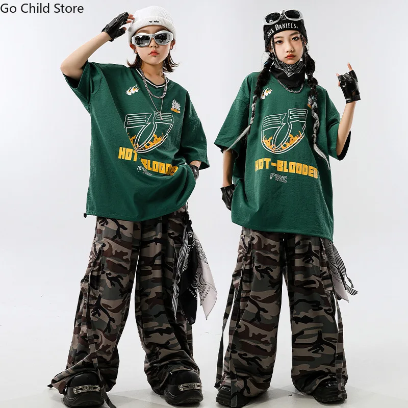 

Свободная футболка в стиле хип-хоп для мальчиков, камуфляжные брюки для бега, комплекты одежды K-pop для девочек, детские костюмы для джазовых уличных танцев, детская уличная одежда