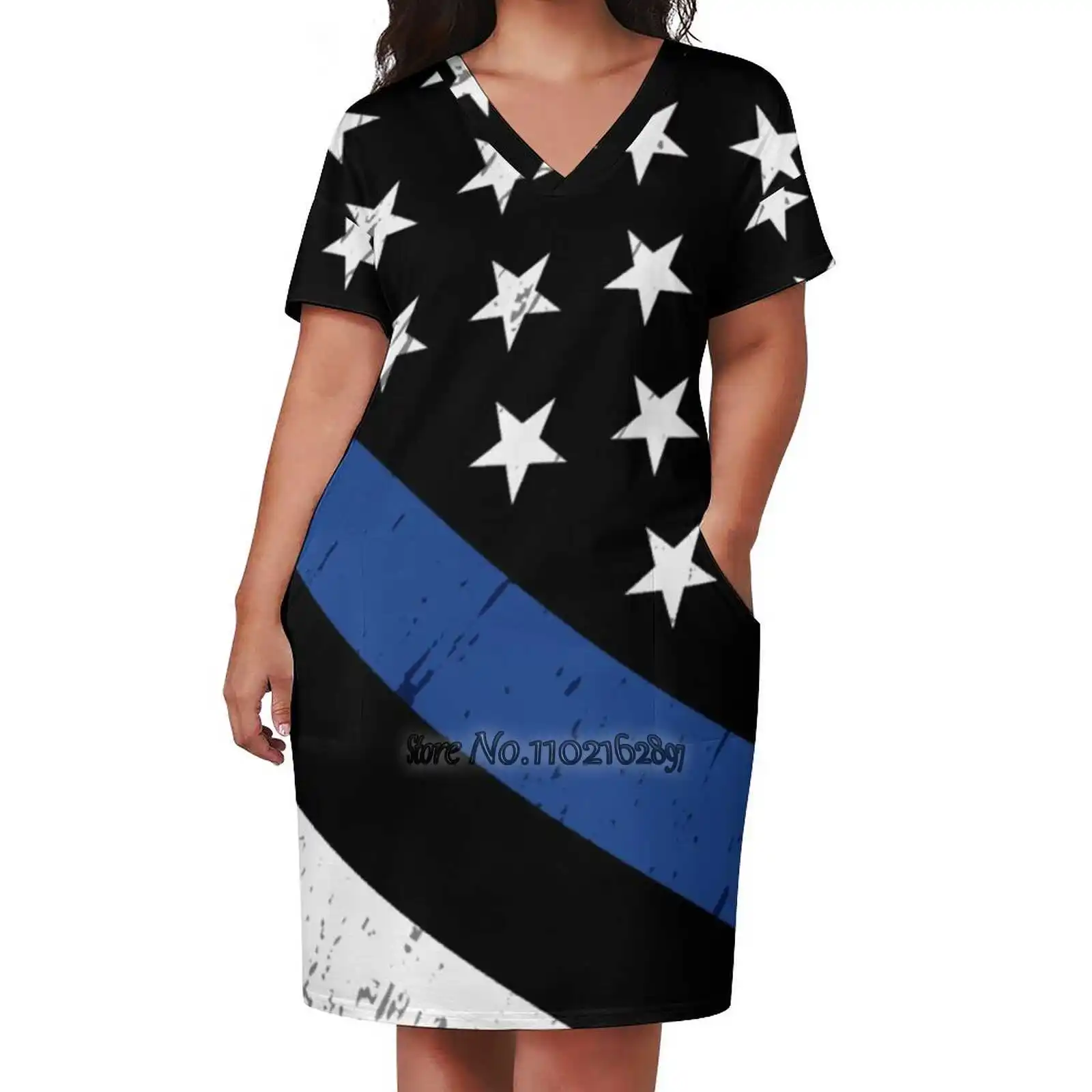 Police Thin Blue Line Flag V-Neck Short Sleeve Skirt Slim Skirts Loose Elegant Fashion Dress 5Xl Police K9 Thin Blue Line Flag