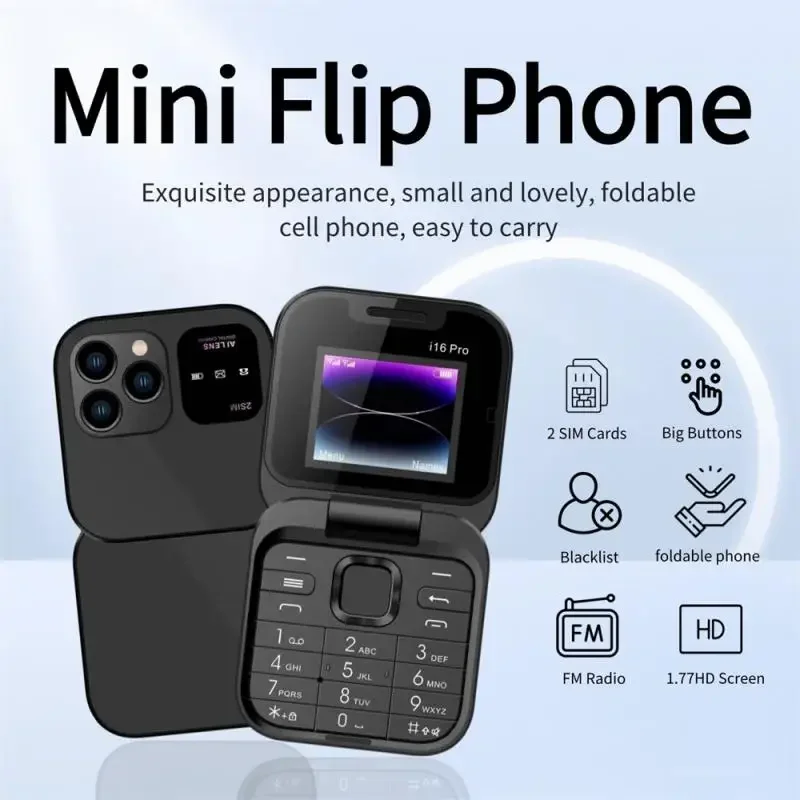 Mini Flip Mobile Phone 2SIM Card Small Display Foldable Cell Phone Multiple Languages Blacklist Speed Dial Vibration FM Radio