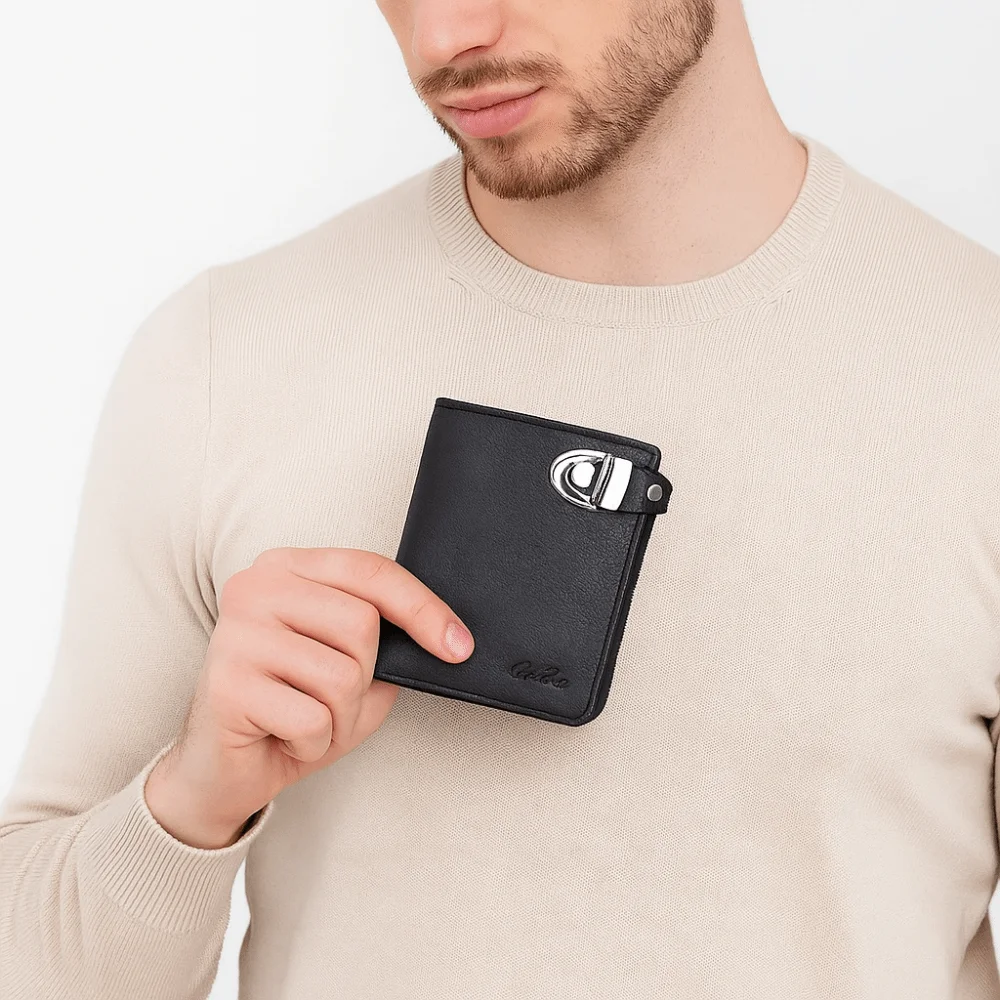 

Card Bag Zipper Men's Wallet Buckle Solid Color Business Card Holder Multiple Card Slots Short Leather Coin Purse Male