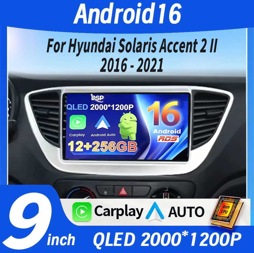 Android 16 Carplay para Hyundai Solaris 2 Verna Accent 2017 2018 2019 2020 Rádio Automotivo Estéreo GPS Navegação Multimídia Player DVD