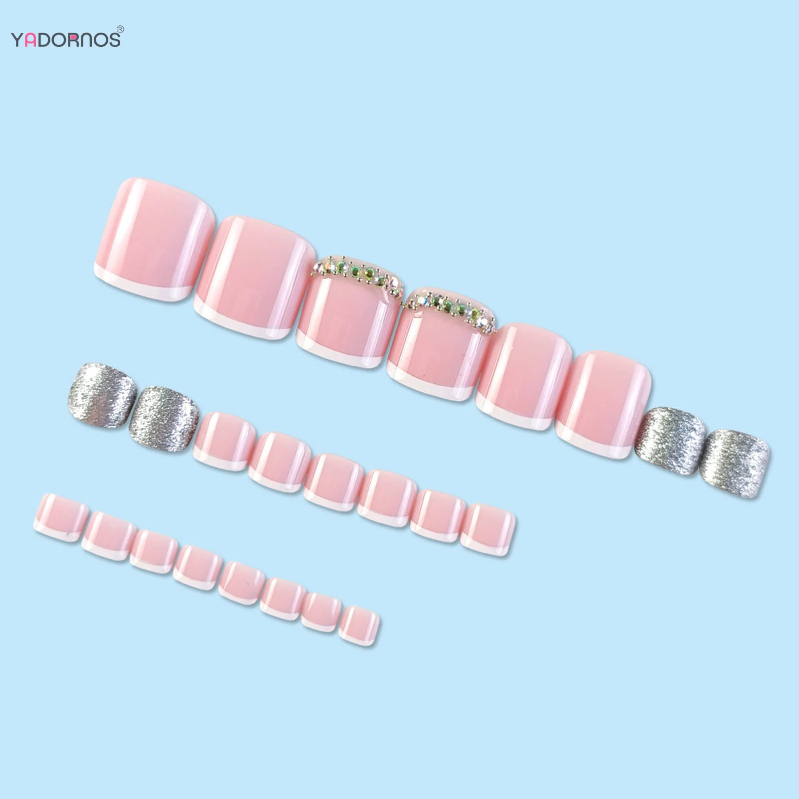 Nude Color Fake Toenails Glossy Sequins Diamond Designed White French Style Press on Nails Wearable False Nails for Women 24Pcs