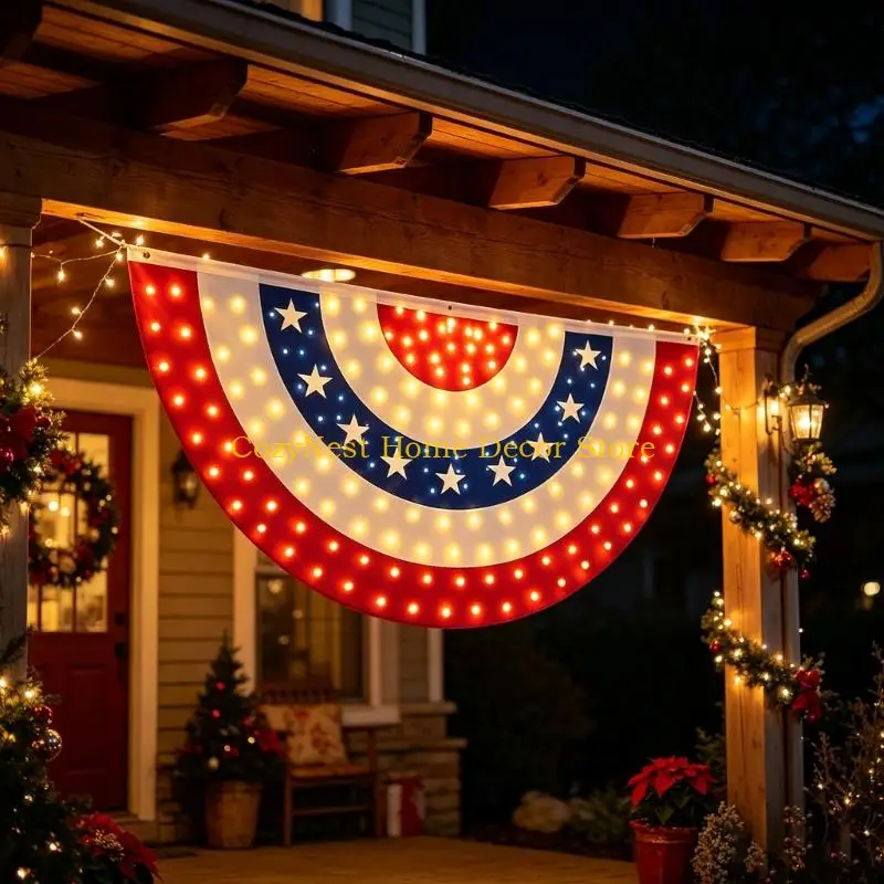 92MF Outdoor Hanging Fan Flag With LED Light American 250th Anniversary Memorial Buntings Banners For National Holidays