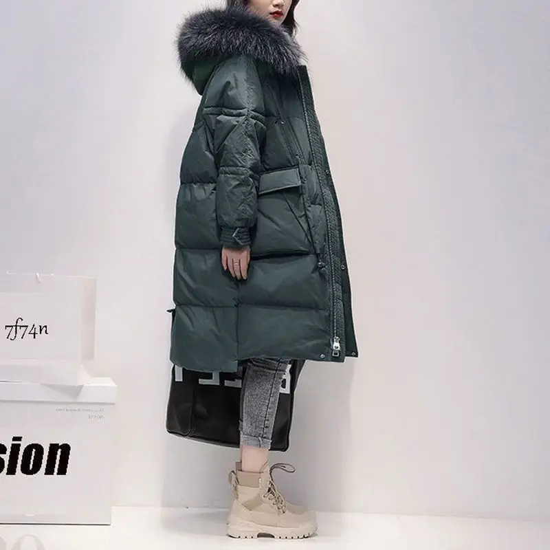 2022 Winter New Medium length White Duck Down Down Jacket for Women Korean Loose Parka Coat Hooded Thickened Coat for Women