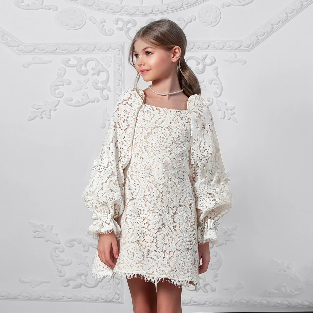 Vintage Square Collar Flower Girls Dresses with Lace 2024 Summer Knee Length Puffy Full Sleeve Christmas Dresses فستان عيد الميل