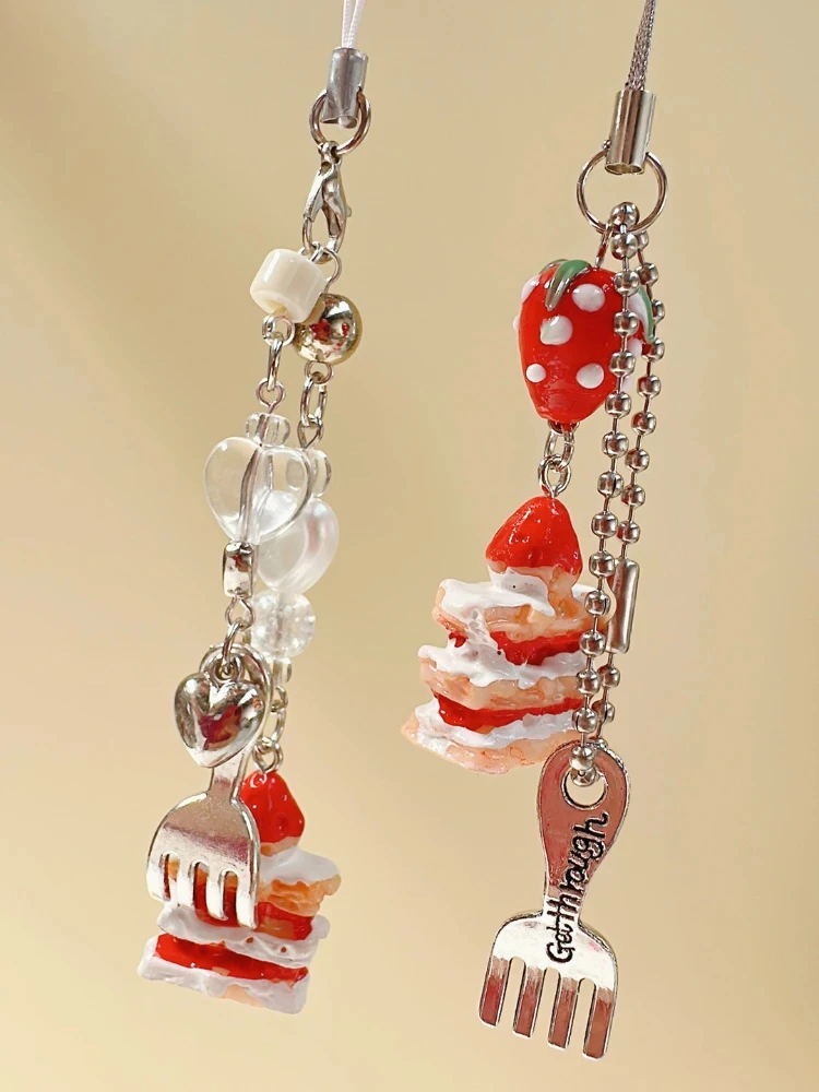 

Christmas Cute Retro Strawberry Phone Strap Charm Sweet Dessert Cake Design Portable Kawaii Women Bag Pendant Lanyard for Girls