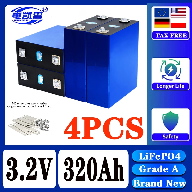 (New) 320Ah 8000 cycle LiFePO4 3.2V rechargeable battery, suitable for DIY 12V 24V 48V caravan marine solar energy system no tax